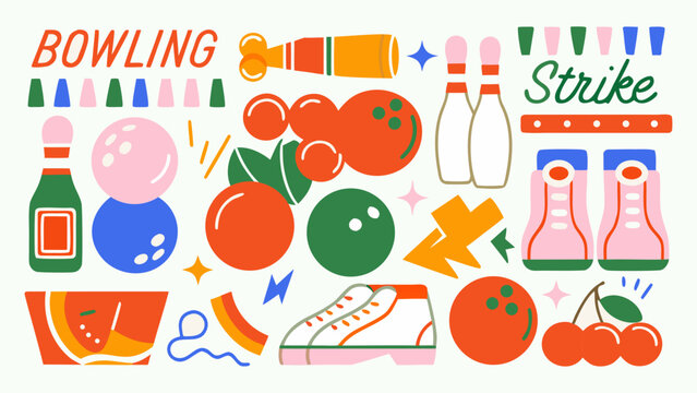 Bowling themed vector illustration featuring pins balls shoes and bottles in a colorful arrangement ball alley strike