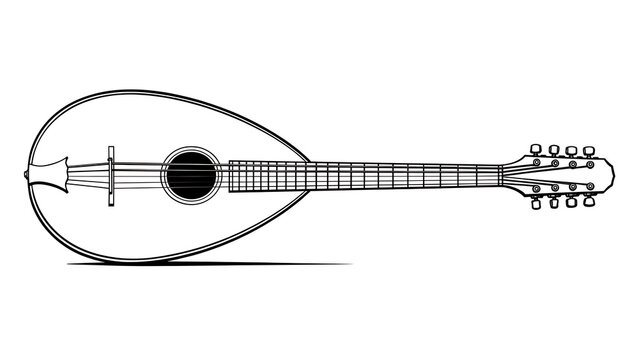 Black and white lute illustration on white background.