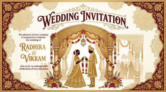 Traditional Indian wedding invitation card, ornate gold and maroon bridal ceremony card, elegant ethnic marriage announcement with paisley border