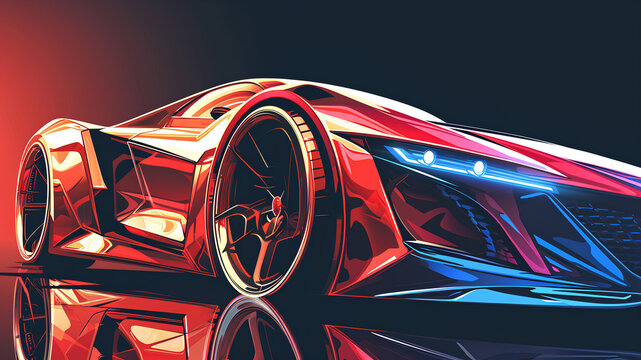 Futuristic Red and Blue Hypercar Illustration with Chrome Reflections on Glossy Surface