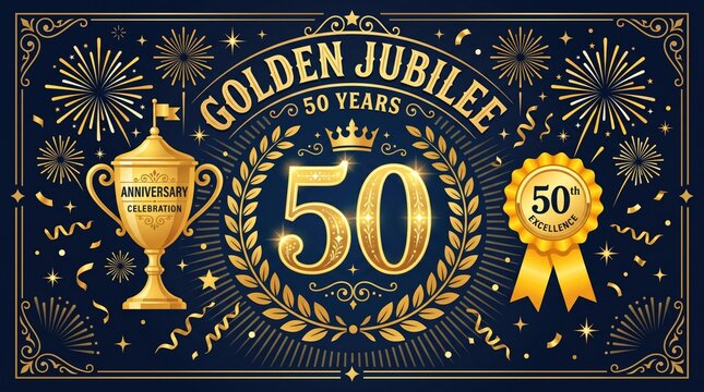 Golden Jubilee 50 years anniversary celebration banner, vintage gold trophy and laurel wreath on dark blue background, elegant 50th anniversary award