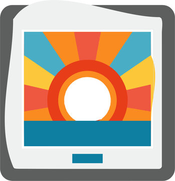 A vibrant flat vector icon of a digital photo frame showcases a stunning landscape with bright colors, modern UI style, clean lines, and an isolated design against a pure white background
