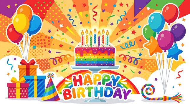Colorful Happy Birthday background with rainbow cake and balloons, festive party celebration banner with gift boxes and confetti, vibrant pop art style greeting card