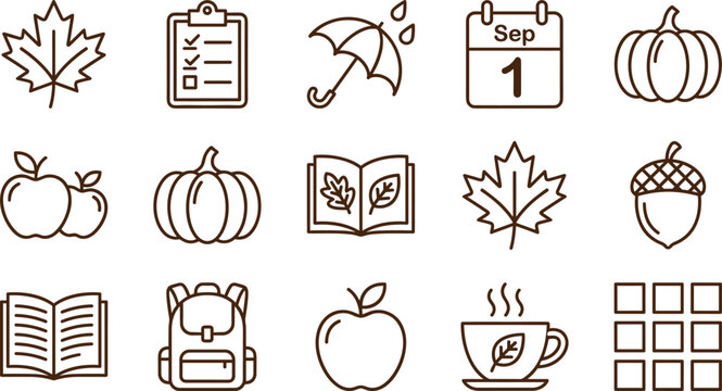 Autumn and Back to School Line Icon Set with Pumpkin Maple Leaf and Backpack Symbols