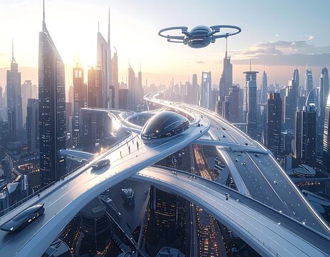 Futuristic city with sky-high roads and transport