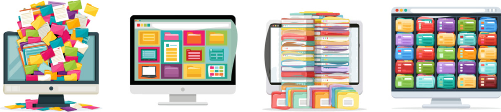 A colorful flat vector icon of a cluttered digital desktop screen reorganized into neat digital folder icons, bright colors, modern UI style, clean lines, isolated on a pure white background