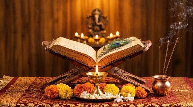 Tulsidas Jayanti devotional wallpaper featuring a glowing oil lamp and sacred scriptures with a warm spiritual ambiance for traditional Hindu