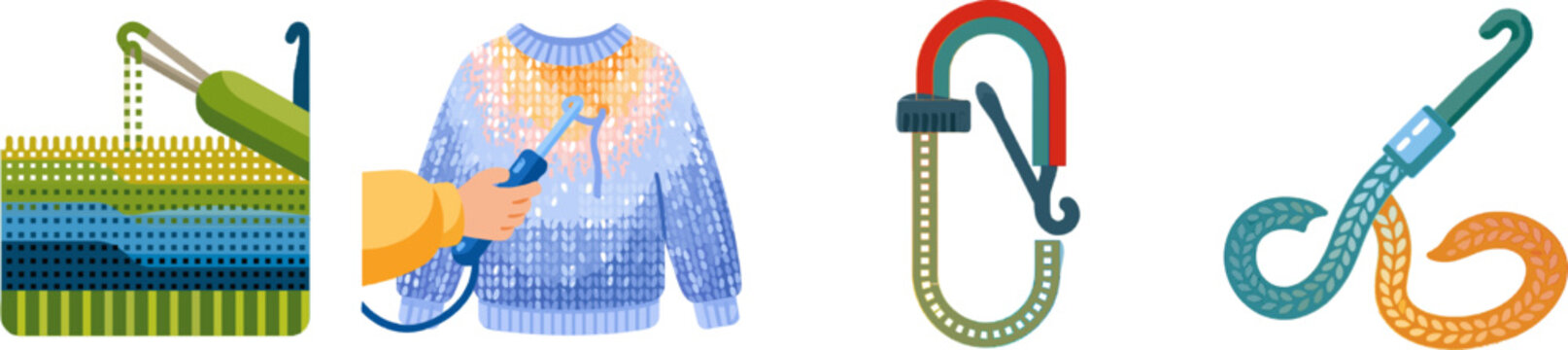 A vibrant flat vector icon of a snagged knit sweater thread being pulled back into place with a crochet hook, set against a clean white background, exudes modern UI aesthetics