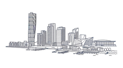 Fototapeta premium Modern Cityscape Line Drawing: Skyline with Tall Buildings and Waterfront