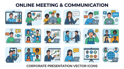 Fototapeta premium Online Meeting and Communication Vector Icons: Business Collaboration and Presentation