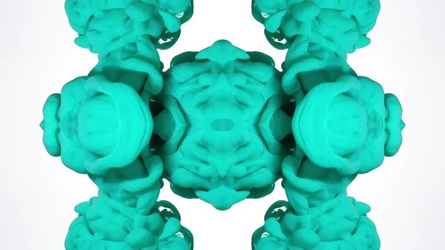 Soft aqua pigment expands into a smooth mirrored ink pattern on white, creating a clean abstract background for skincare branding, wellness visuals and elegant motion design.