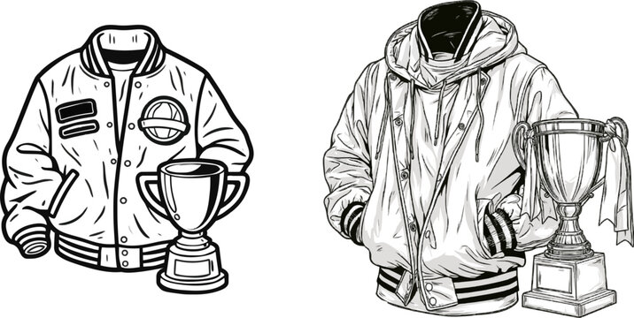 A high school varsity jacket with bold outlines stands proudly next to a championship trophy cup, both rendered in clean black and white line art against a pure solid white background
