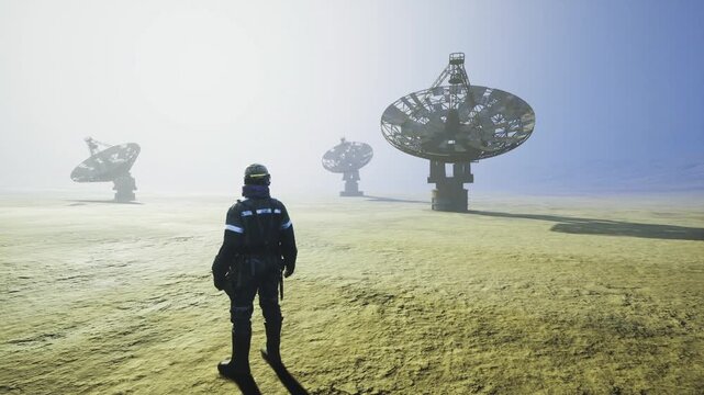 Field engineer inspecting parabolic receiver for damage and performing diagnostics with portable tools, pragmatic focus, crisp light and industrial silhouette.