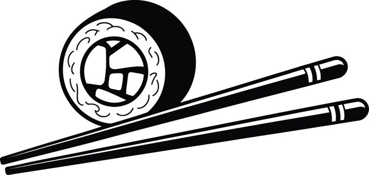 Sushi roll, chopsticks, Japanese food, black and white icon, vector illustration, sushi set, foodie graphics