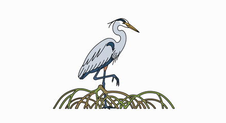 Fototapeta premium Kayaking through a serene mangrove forest with a heron standing on roots
