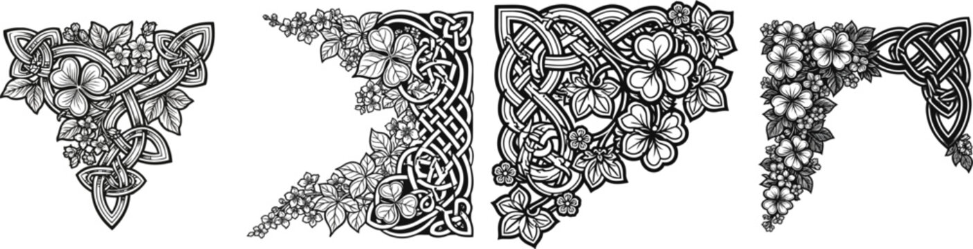 This intricate Celtic knotwork floral corner ornament features traditional endless loops with stylized clover leaves and small blossoms, rendered in crisp black and white line art on a solid white