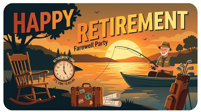 Happy Retirement farewell party banner, senior man fishing on lake at sunset, vintage retirement lifestyle illustration with golf and travel elements