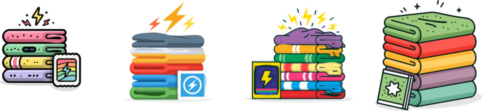 A vibrant flat vector icon of neatly folded laundry next to a fabric dryer sheet, set against a clean white background with dynamic lightning bolts, exuding a modern and energetic feel