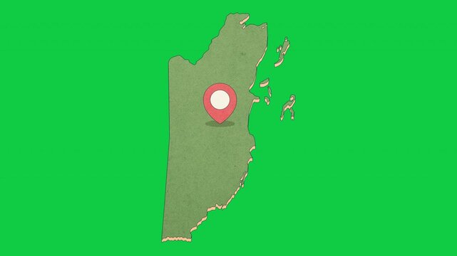 Animated Belize Map with Bouncing Location Marker on Belmopan City, Transparent Background, Alpha Channel, 4K resolution