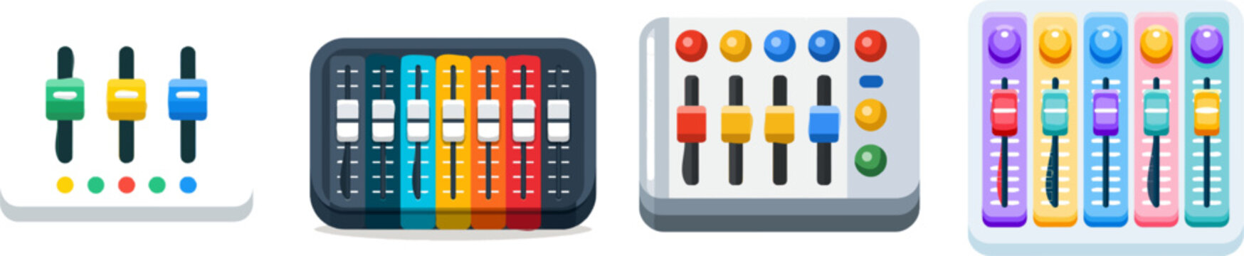 A vibrant audio mixing console icon features three colorful faders against a minimalist white background, symbolizing professional sound engineering tools in modern design