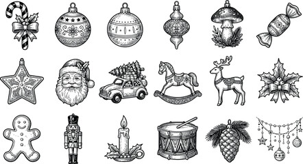 Vintage Christmas Ornament Hand Drawn Engraving Style Icon Set with Santa Claus, Gingerbread Man, Nutcracker, Baubles, and Festive Elements for Holiday Greeting Card DesignsVintage Christmas Ornament  © Bijoy