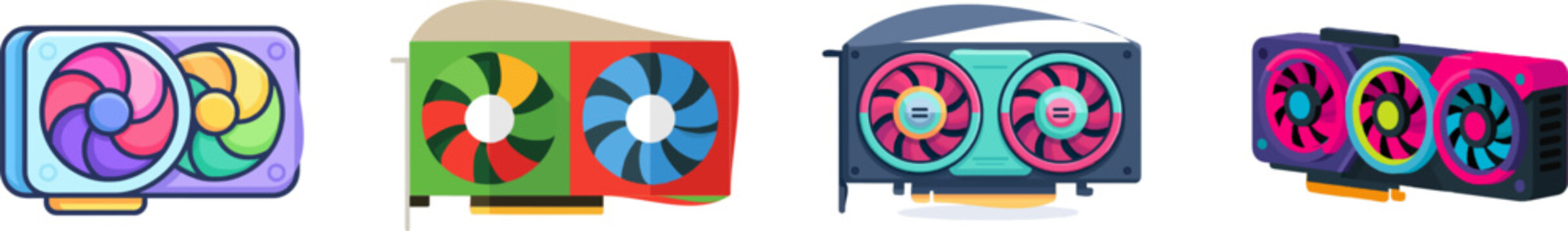 A vibrant flat vector icon of a graphics processing video card features cooling fans in bright colors, modern UI style, clean lines, isolated on a pure white background