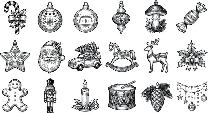 Vintage Christmas Ornament Hand Drawn Engraving Style Icon Set with Santa Claus, Gingerbread Man, Nutcracker, Baubles, and Festive Elements for Holiday Greeting Card DesignsVintage Christmas Ornament 