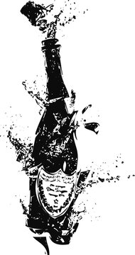Black and white ink sketch of an exploding champagne bottle with splashing foam and bubbles Vector, illustration