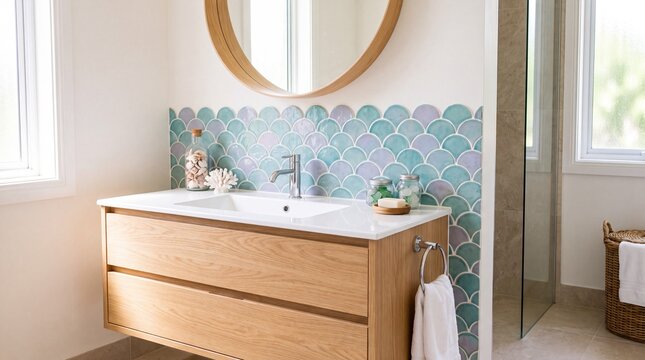 Scalloped fish-scale tile backsplash in coastal bathroom vanity