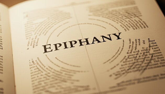 The word Epiphany in a book, a conceptual image for inspiration and discovery.