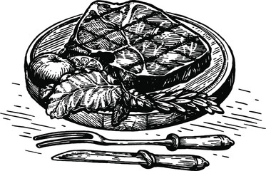 Grilled beef steak with fresh herbs on a wooden plate with a fork and knife sketch illustration Vector, illustration © Razaul Amin