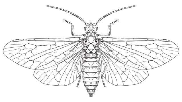 Detailed insect line drawing on white background.