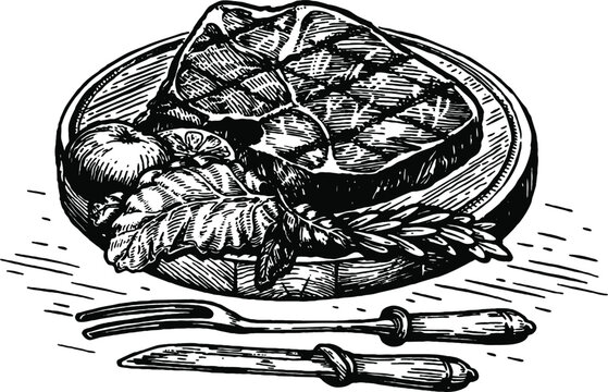 Grilled beef steak with fresh herbs on a wooden plate with a fork and knife sketch illustration Vector, illustration