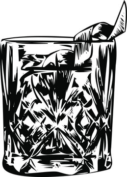 Black and white ink sketch illustration of a classic whiskey glass with a citrus peel garnish Vector, illustration