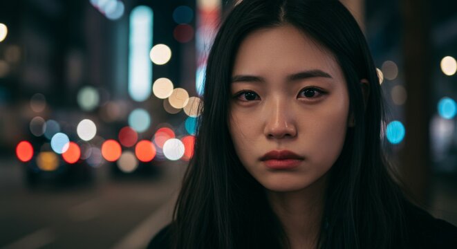 Close-up portrait of a serious young woman on a city street at night with colorful bokeh lights and urban atmosphere
