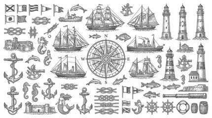 Nautical Symbols and Vintage Ships Collection: Anchors, Lighthouses, Compass, Mermaids © Hilda