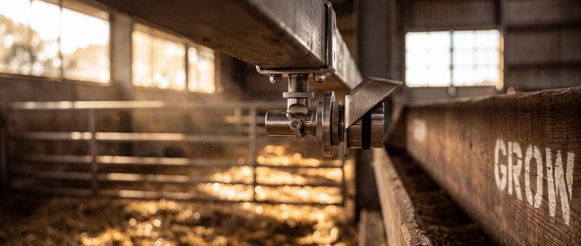 Automatic farm feeding nozzle system installed inside rustic barn with warm golden sunlight shining on straw background, agricultural equipment close-up concept in modern livestock breeding facility