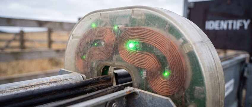 RFID livestock reader scanner antenna with glowing copper induction coils scanning animals on farm chute for automated identification tracking representing smart agriculture technology concept.