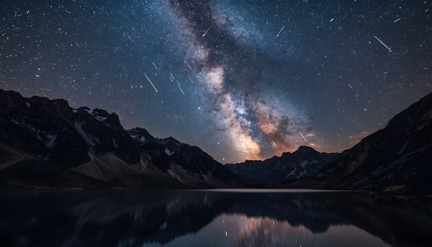 Milky Way Galaxy and Shooting Stars Reflected in Calm Alpine Mountain Lake at Night