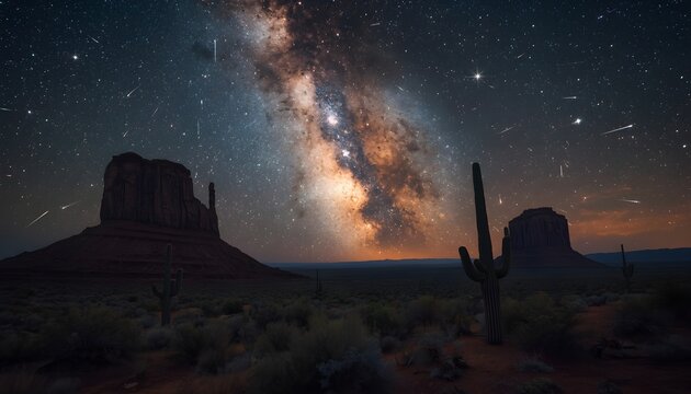Milky Way Galaxy and Meteor Shower Over Monument Valley Desert with Saguaro Cactus