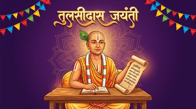 illustration of Tulsidas Jayanti, Tulsidas was a Hindu saint and poet. Hindi Typography. Birth anniversary