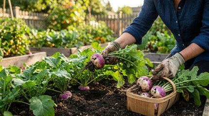 Fototapeta premium Harvesting Fresh Turnips From A Home Garden At Sunset
