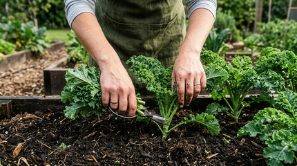 Fototapeta premium Harvesting Fresh Kale From A Raised Garden Bed During Daytime