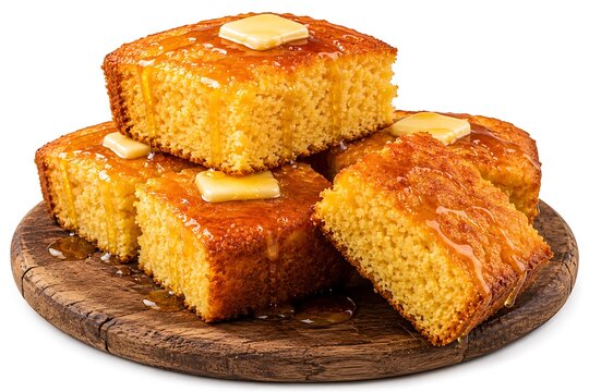 Slices of sweet cornbread with butter on wooden board
