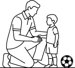 Father talking to his son soccer player line art vector icon isolated on white background for coaching family