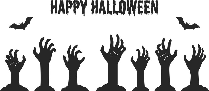 Black silhouette zombie hands reaching up with happy halloween text and bats on white background