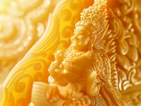 Close up of intricate golden wax carving detail of a traditional Thai dragon at Buddhist Lent Festival. Generative AI.