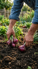 Fototapeta premium Harvesting Fresh Red Onions From A Lush Organic Garden At Sunrise