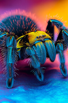 A single blue spider sits on top of a purple surface, ready for its next move vertical frame