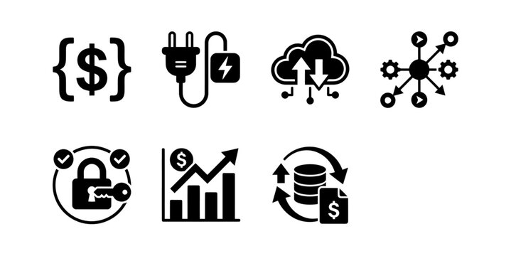 Seven tech and finance icons displayed on white background